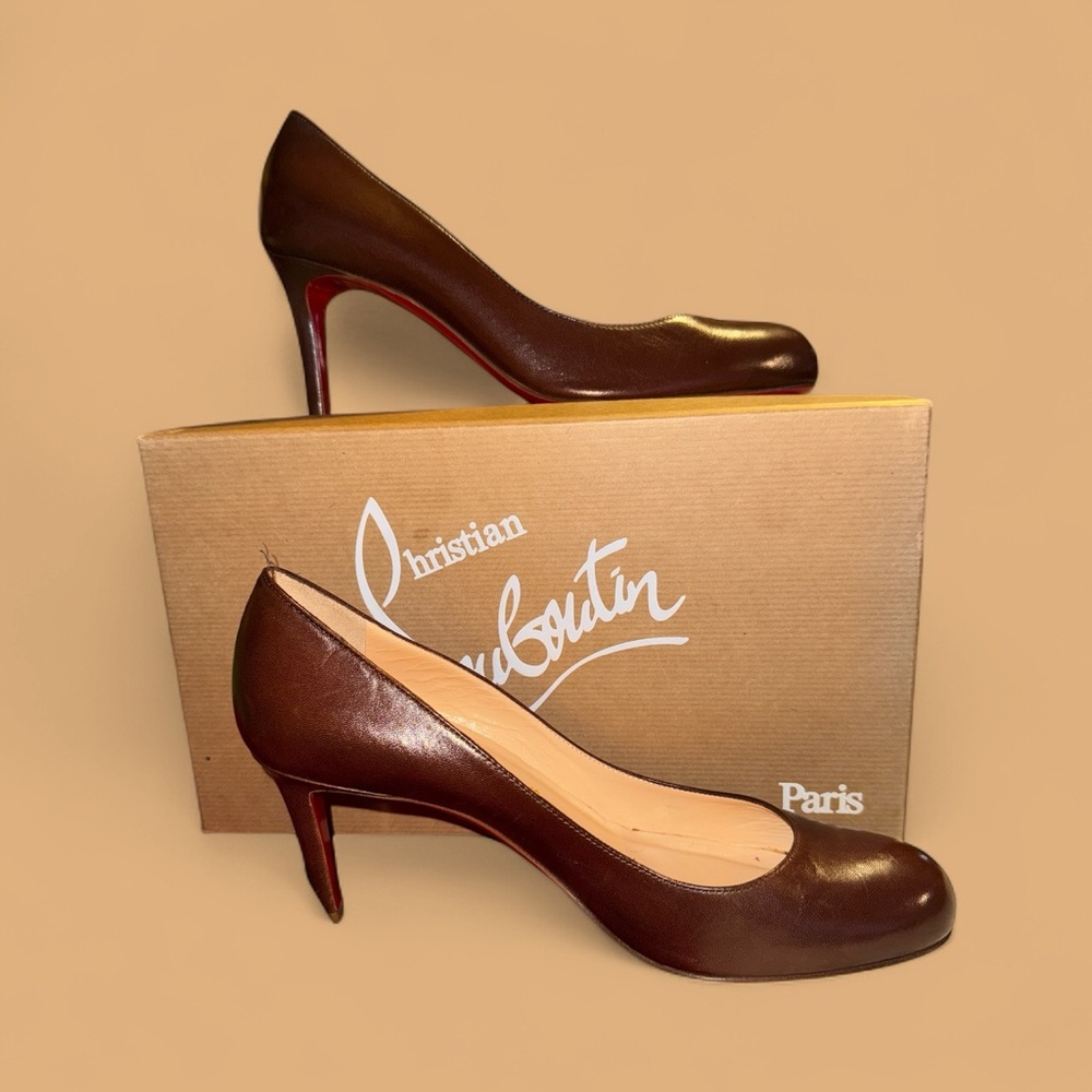 CHRISTIAN LOUBOUTIN PUMPPIE BROWN LEATHER SLIP ON PUMPS WOMEN 38/8 EUC*